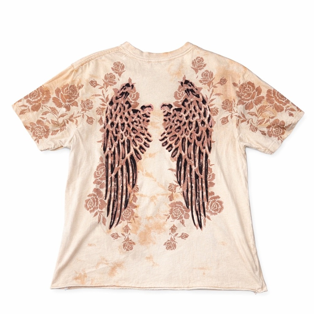 Affliction Womens Lace Up V-Neck T-Shirt Large Tan Floral Angel Wings GUC - Picture 6 of 7
